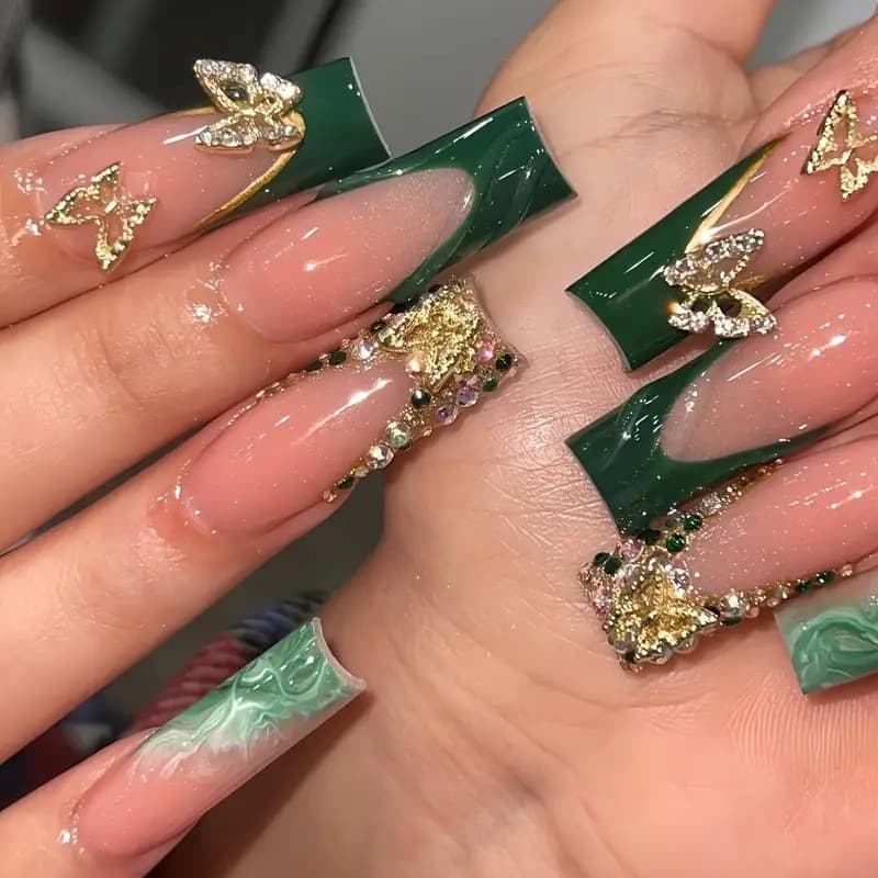 Emerald Green Gold Butterfly Press On Nails  Luxury Long Coffin Set