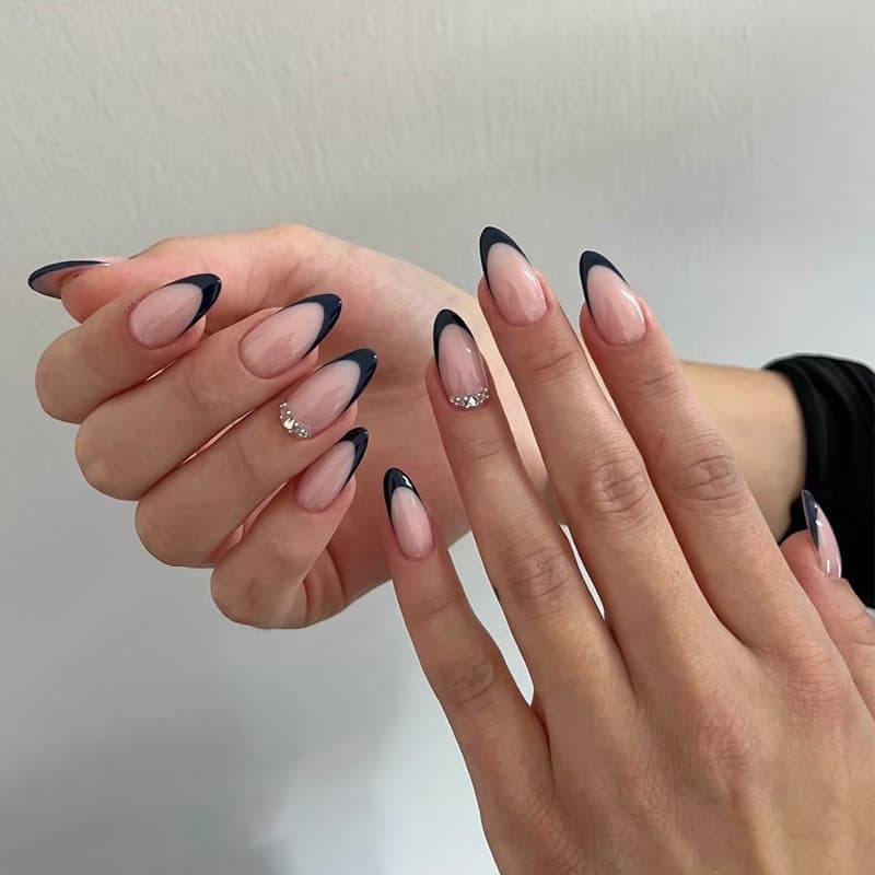 Black French Tip Press On Nails  Elegant Almond Nude Nail Set