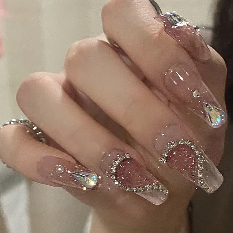 Rose Gold Glitter Press On Nails  Glamorous Long Coffin Set