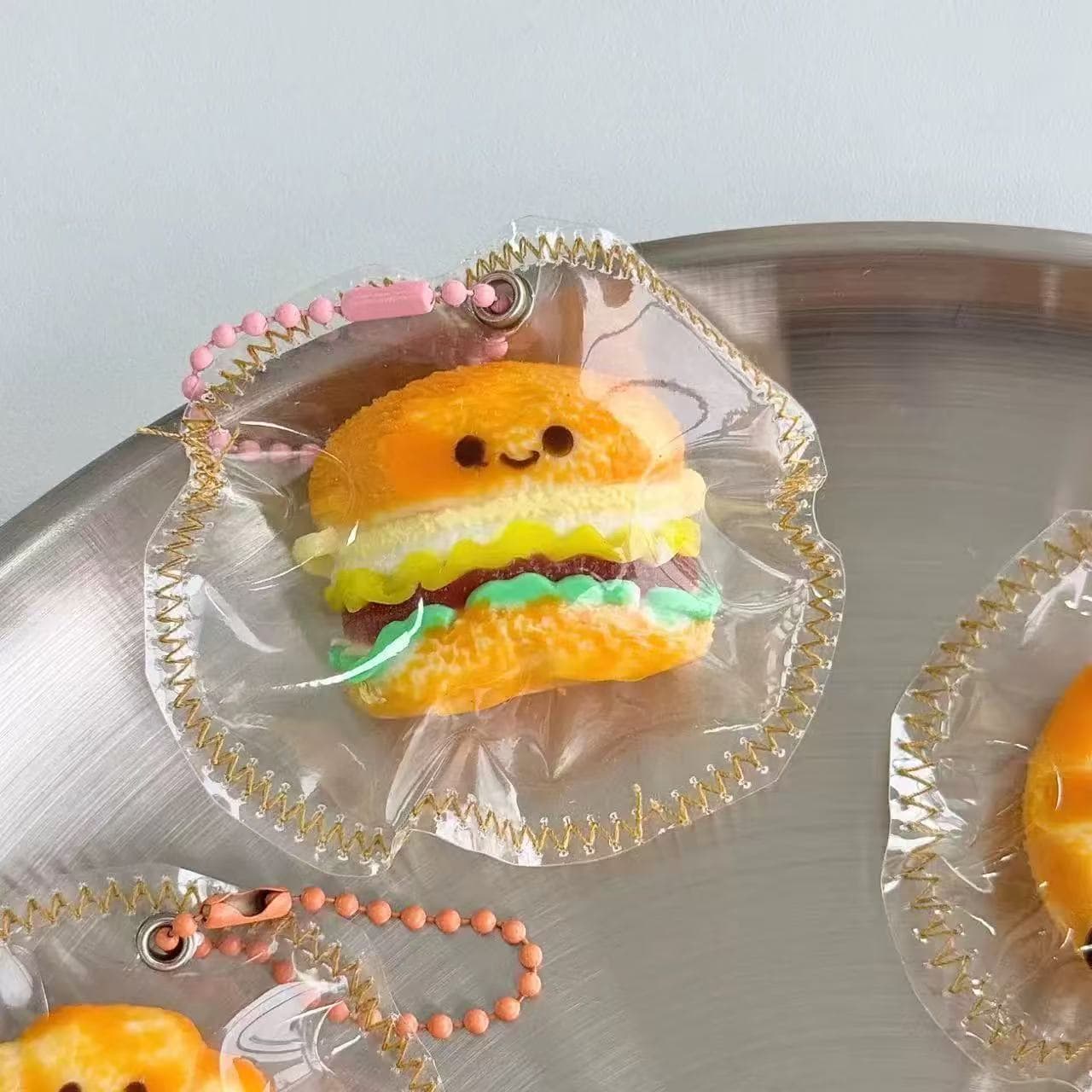 Rainbow Burger Squishy Keychain  Kawaii Hamburger Stress Toy